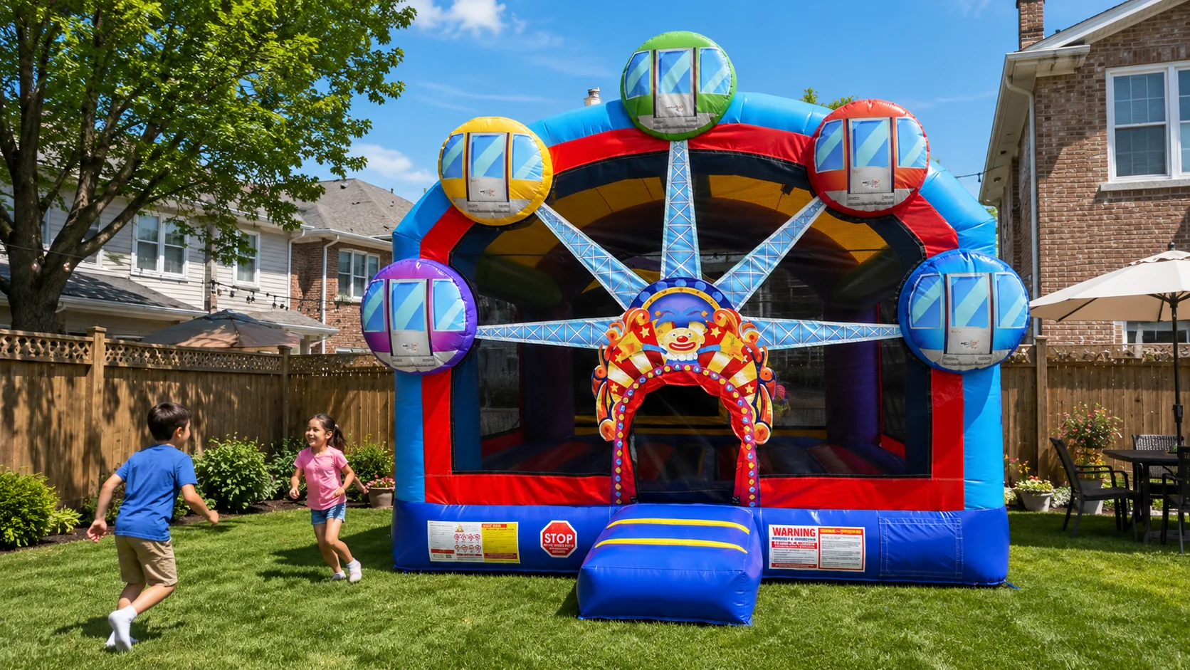 Outdoor bounce house rental Chicago — backyard birthday party setup
