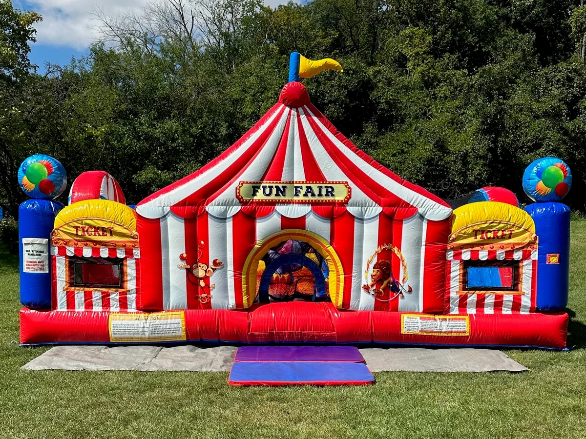 Fun Fair carnival-themed inflatable obstacle course rental in Chicago.